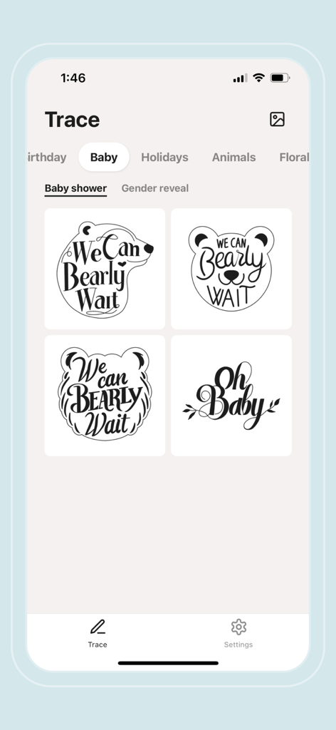 Flowly app screen showing baby shower lettering and bear design templates for tracing.