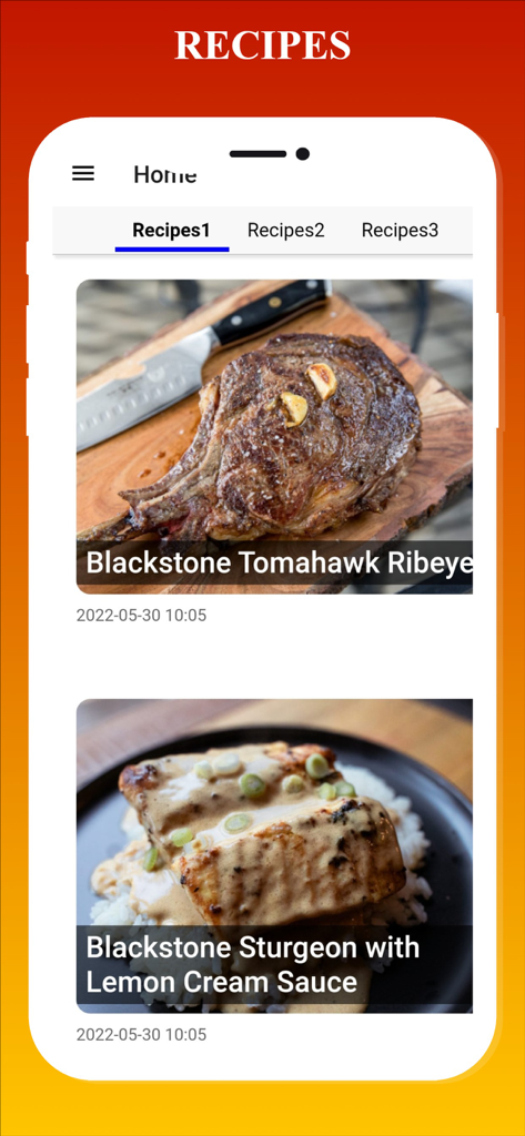 Blackstone Griddle Recipes - Blackstone Griddle Rezepte App-Oberfläche mit Rezepten für Tomahawk-Ribeye und Stör
