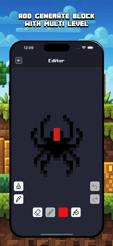 Minecraft texture editor interface showing a pixel art spider design with drawing tools