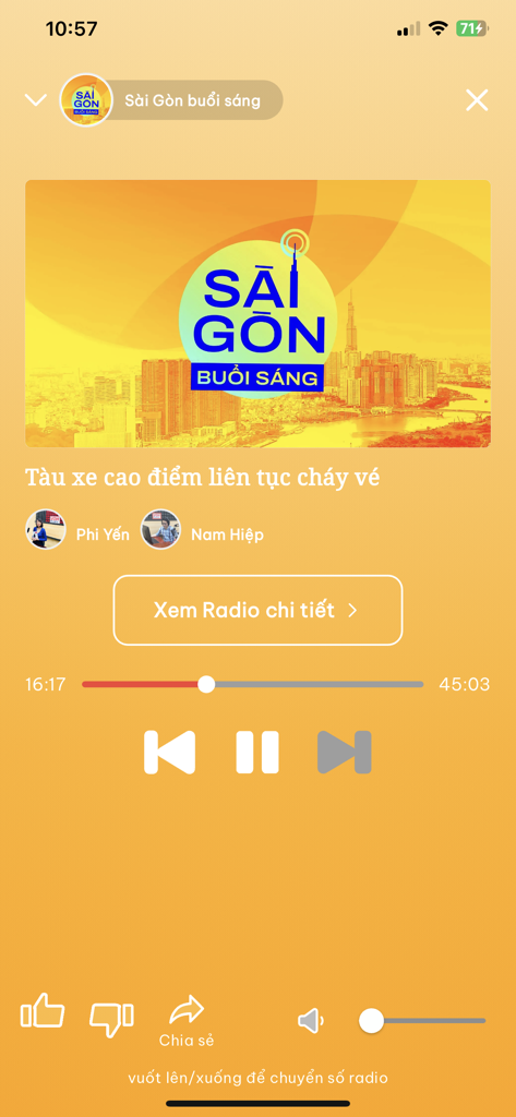 VOH Radio Online - VOH Radio Online app player screen featuring the Morning Saigon program with audio controls and host info