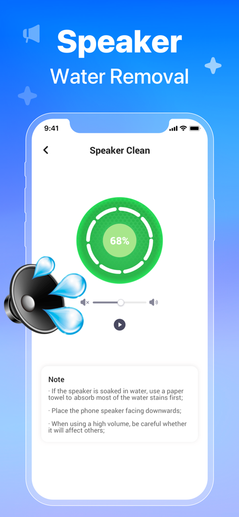 AI Cleaner : Clean Storage - Interfaccia dell'app AI Cleaner per la rimozione dell'acqua dagli altoparlanti che mostra lo stato di avanzamento e le istruzioni
