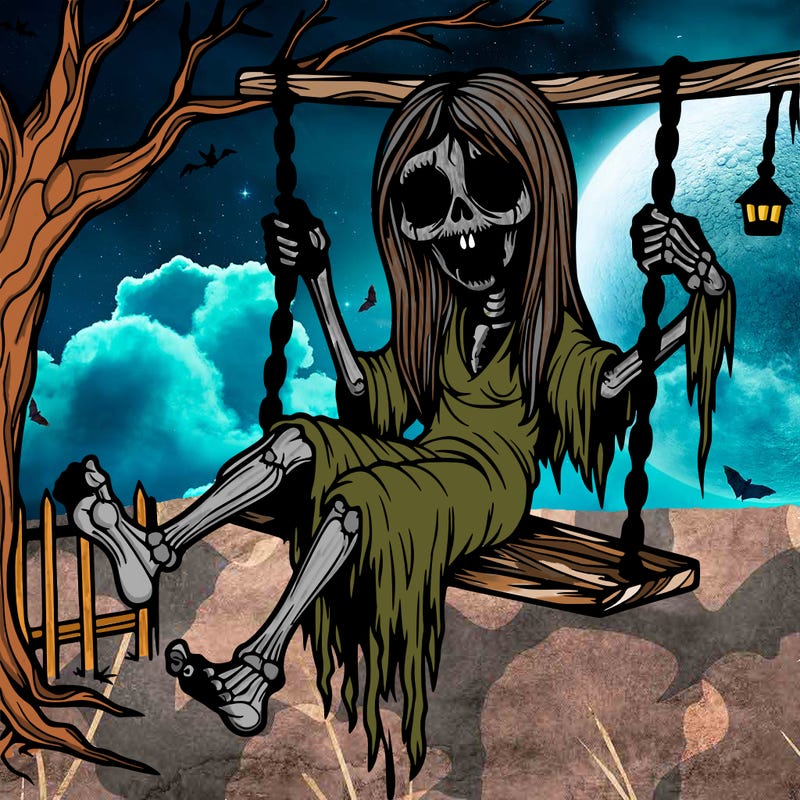 scary female ghoul sitting on a swing