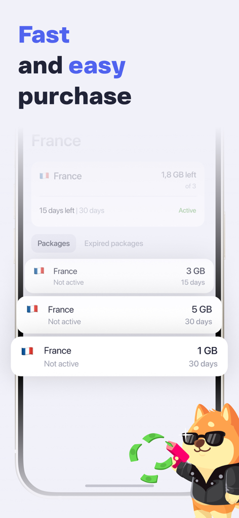 SimHub: eSIM Travel Data - Interfaccia dell'app SimHub che mostra un elenco di pacchetti dati eSIM per la Francia e un tracker attivo di utilizzo dei dati.