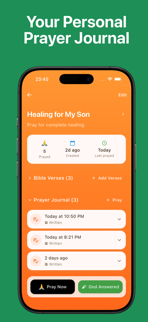 Pray Haven: Christian Journal - Una pantalla de diario de oración personal en la aplicación Pray Haven que muestra una petición de oración para sanación con estadísticas de seguimiento y entradas de diario.