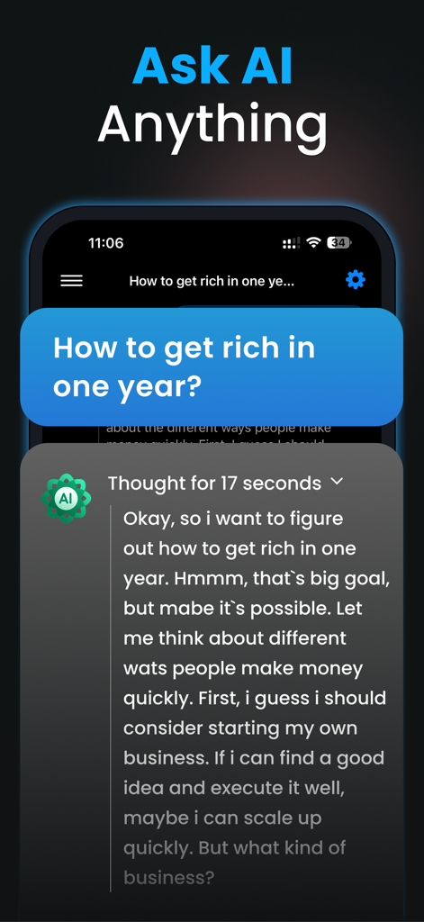 Chat AI+ Ask Chatbot Assistant - Chat AI plus app interface showing AI chain of thought reasoning for a user prompt