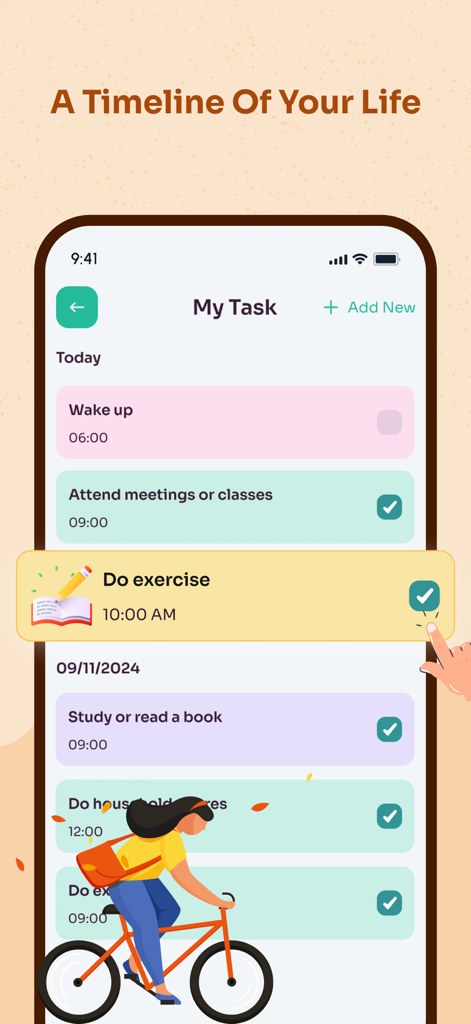 Mental Health - Self Care - Captura de pantalla de la interfaz del planificador de tareas diarias y la línea de tiempo en la aplicación de Salud Mental Autocuidado.