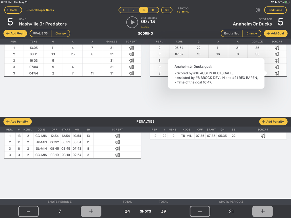 Dashboard des digitalen Eishockey-Spielformulars, das Live-Tore, Strafen und Schüsse für ein Jugend-Eishockeyspiel auf einem iPad zeigt