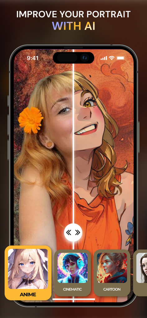 AIフィルターを使用してアニメスタイルに変身したポートレート写真を示すモバイルアプリ画面