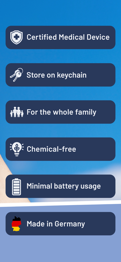 heat it - List of features for the heat it app including certified medical device and chemical-free treatment.