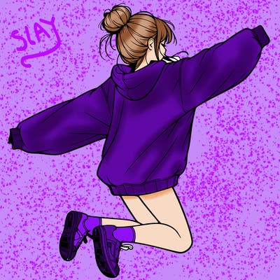 realistic girl jumping with a bun and oversized sweatshirt