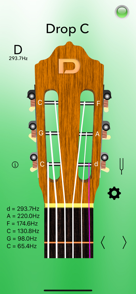 Classical Guitar Tuner Pro - Hz単位の周波数値でギターのヘッドストック上にドロップCチューニングを表示するクラシックギター・チューナー Proのインターフェース