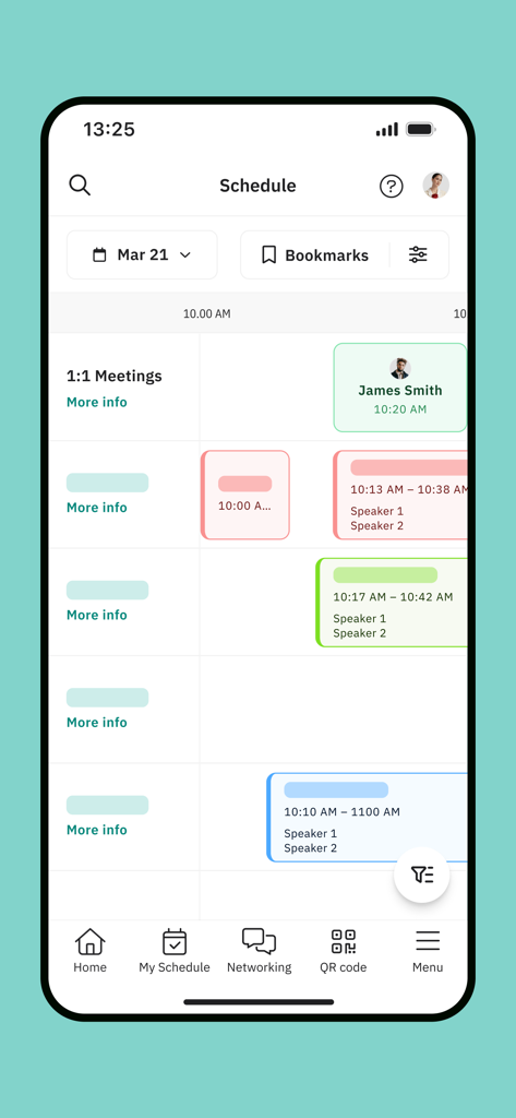 Une interface mobile pour l'événement ChangeNOW montrant un programme professionnel et des réunions individuelles privées