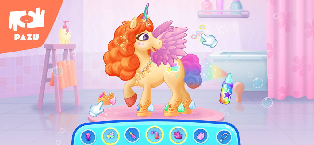 Magical Unicorn World - A colorful unicorn with orange hair and purple wings being customized with accessories in a bathroom setting