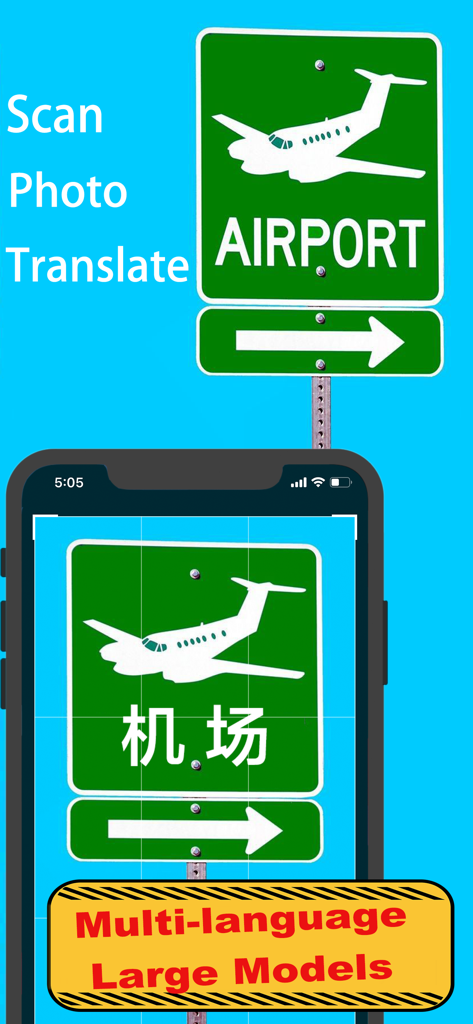 QS Scanner & Photo Translator - Smartphone app translating an English airport sign into Chinese using camera scan