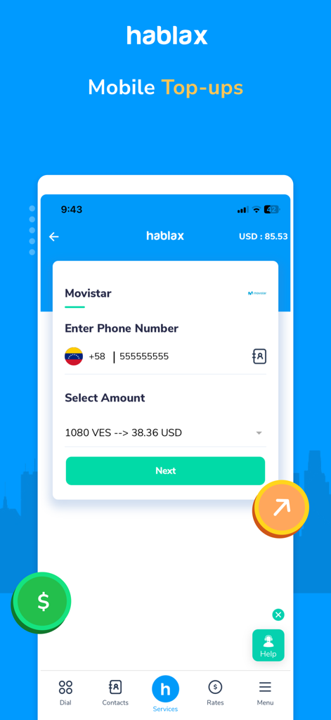 Hablax: Mobile Recharges - Interfaz de la aplicación móvil Hablax que muestra una pantalla de recarga móvil para un número de teléfono venezolano