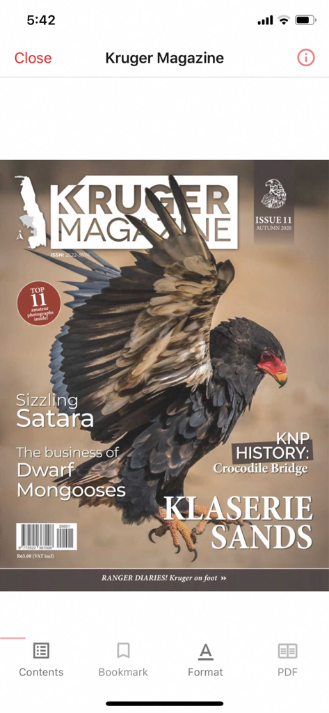 Kruger Magazine - Digital cover of Kruger Magazine featuring a Bateleur eagle and wildlife articles