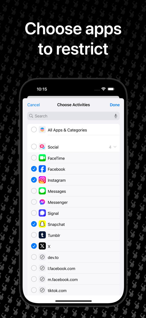 Interface de l'application Fit to Scroll montrant des applications de réseaux sociaux comme Facebook et Instagram sélectionnées pour être restreintes afin d'encourager l'activité physique.