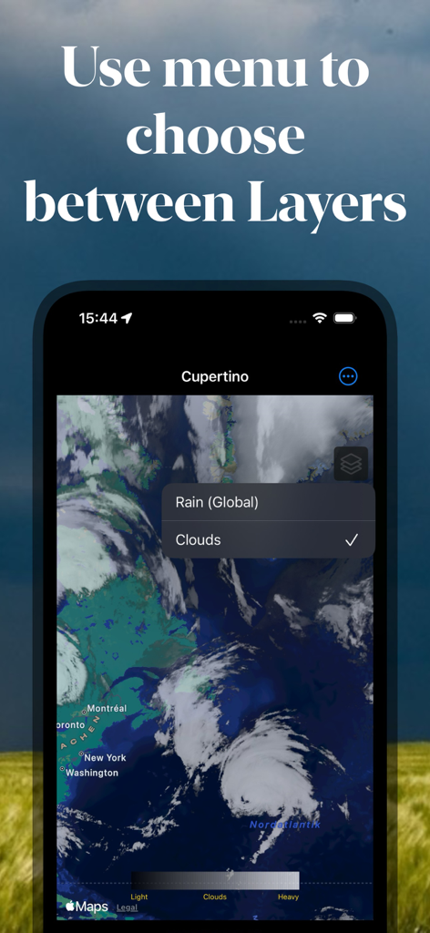 Rain Viewer: Rain Radar Map - Interfaccia della mappa radar meteo con un menu per scegliere tra strati di pioggia e nuvole