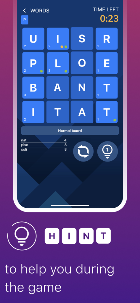WordHero: word search game - WordHero mobile app gameplay showing a 4x4 grid of letters with a hint feature and timer