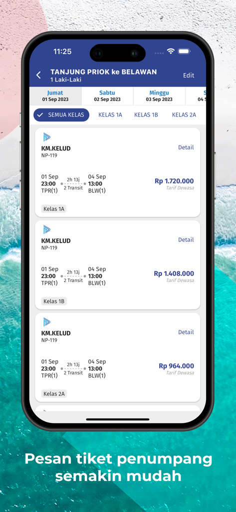 PELNI - Interface de l'application PELNI montrant les billets de bateau disponibles pour la route Tanjung Priok à Belawan avec différentes options de classe et prix.