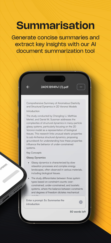 iPhone screen showing a research paper summary generated by the AskYourPDF AI tool