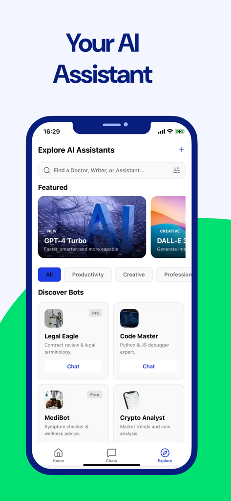 The explore page of Geny AI Assistant app featuring specialized AI bots for different tasks