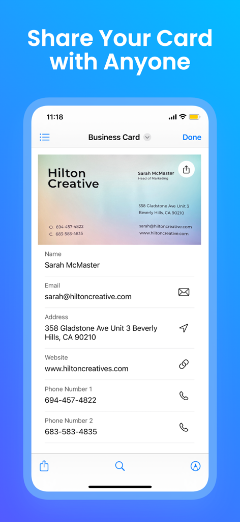 Business Card Scanner - BCR - Oberfläche der Visitenkarten-Scanner-App, die einen digitalisierten Kontakt mit Name, E-Mail und Telefonnummern anzeigt.