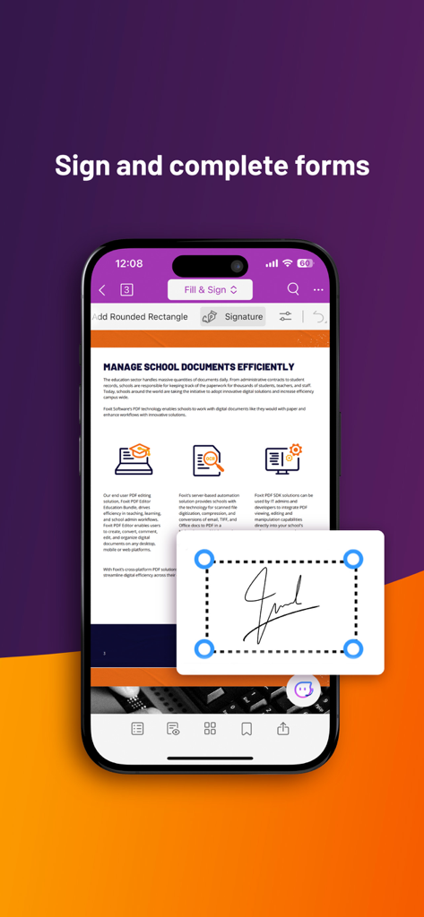 Foxit PDF Editor - Smartphone screen showing the Foxit PDF Editor app feature to sign and complete digital forms