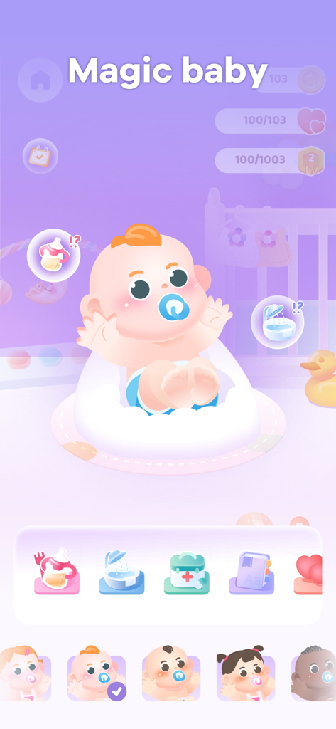 Un personaje de bebé de dibujos animados en un entorno de guardería dentro de la interfaz de la app Futuro Bebé con iconos de alimentación y baño.