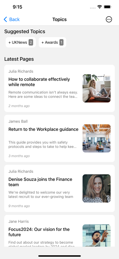 A mobile screen showing suggested topics and latest company news articles in the Interact intranet app