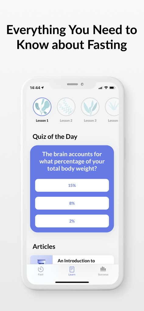 Feather - Intermittent Fasting - Interfaz de aprendizaje de la aplicación Feather de ayuno intermitente con lecciones educativas y un cuestionario diario de salud