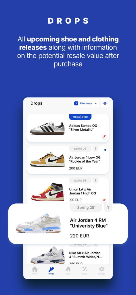 Dropsy: deals,sneakers,fashion - Dropsy mobile app displaying a list of upcoming sneaker releases and their resale values
