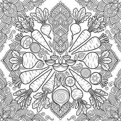 Immerse yourself in the festive spirit of Diwali with this unique root vegetable mandala coloring page. Discover intricate designs featuring carrots, radishes, and onions, all interwoven with traditional diyas and rangoli patterns.