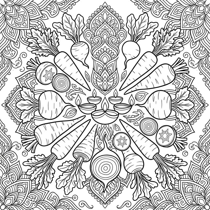 Immerse yourself in the festive spirit of Diwali with this unique root vegetable mandala coloring page. Discover intricate designs featuring carrots, radishes, and onions, all interwoven with traditional diyas and rangoli patterns.