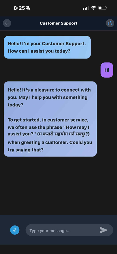 Bhasha App - Bhasha app screenshot showing a conversational AI chat interface for practicing English and Nepali phrases in a customer service scenario.