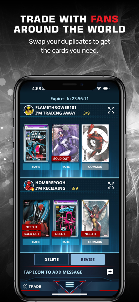 Interface for trading digital Marvel character cards with other fans in the Marvel Collect by Topps app.