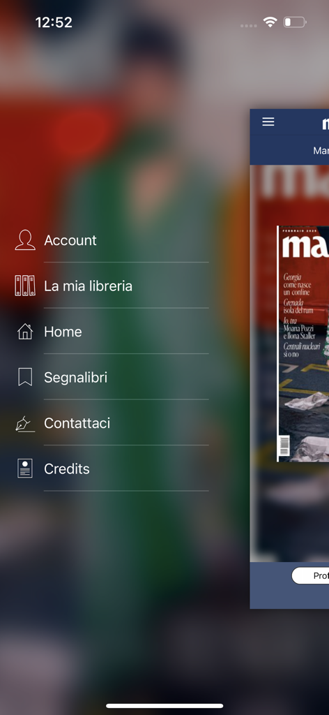A screenshot of the Marie Claire Italia app showing the side navigation menu with options like Account and Library.