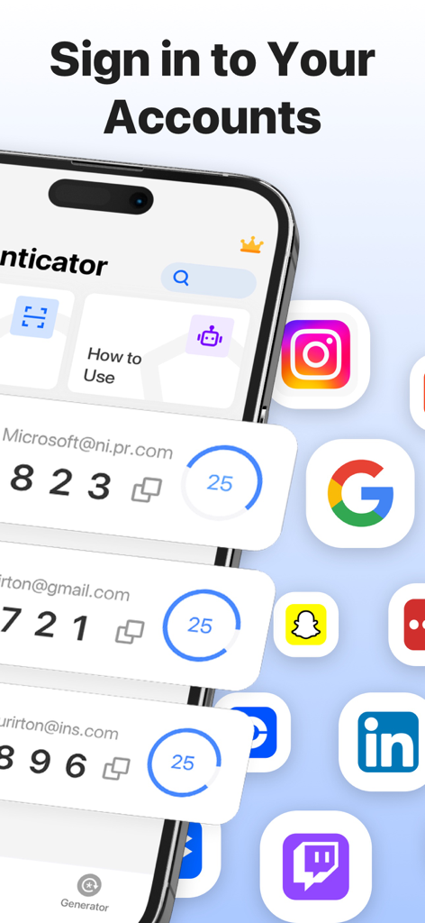 Authenticator App ｀ - App de Autenticación mostrando códigos de autenticación de dos factores para varias cuentas de redes sociales y de trabajo