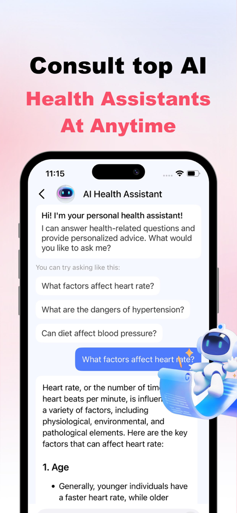 Interface of the Wellpulse app showing a chat conversation with an AI health assistant about heart rate and hypertension.