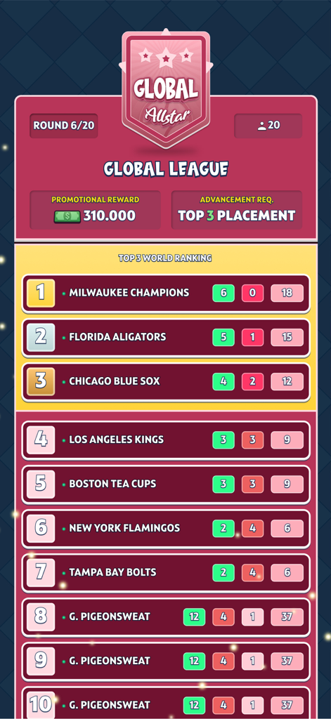 Baseball Franchise Manager - Global League leaderboard displaying top team rankings and tournament progress in a baseball management game.