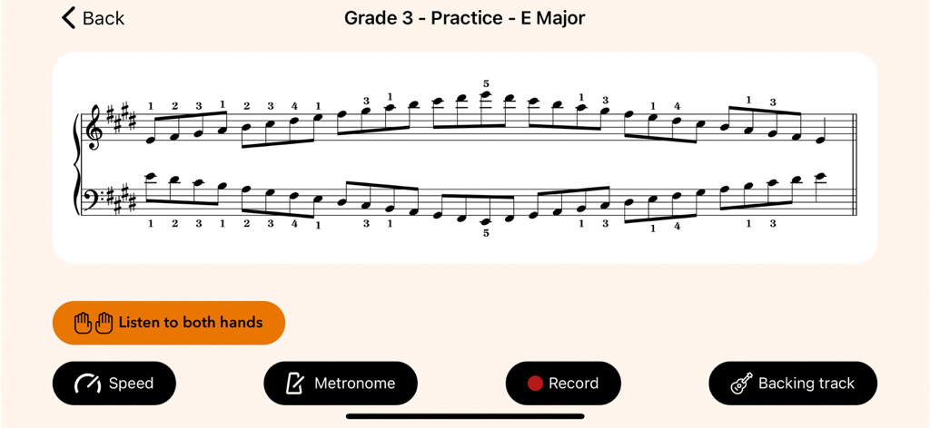 ABRSM Piano Scales Trainer - ABRSM Piano Scales Trainer interface showing Grade 3 E Major notation and fingering