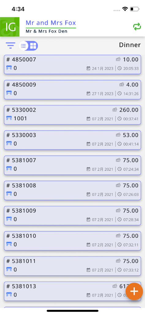 Mobile screen showing a list of restaurant guest checks with amounts and dates in the InfoGenesis POS app