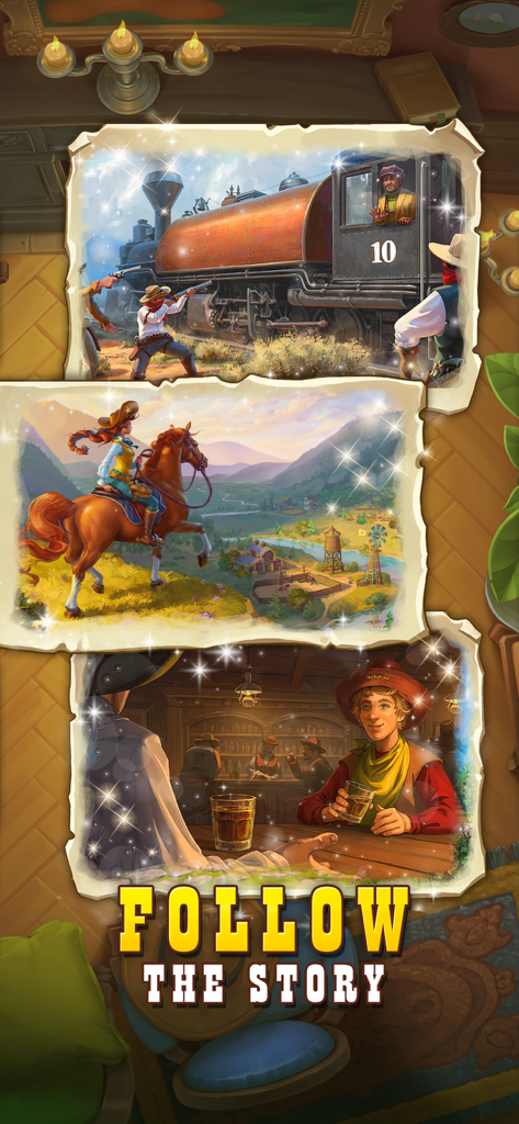 Sheriff of Mahjong: Tile Games - Wild West story scenes including a train a rider and a saloon from Sheriff of Mahjong