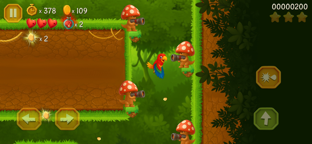 Super Kong Jump - Monkey Bros - A 2D platformer jungle level in Super Kong Jump featuring a parrot character and mushroom enemies with cannons.