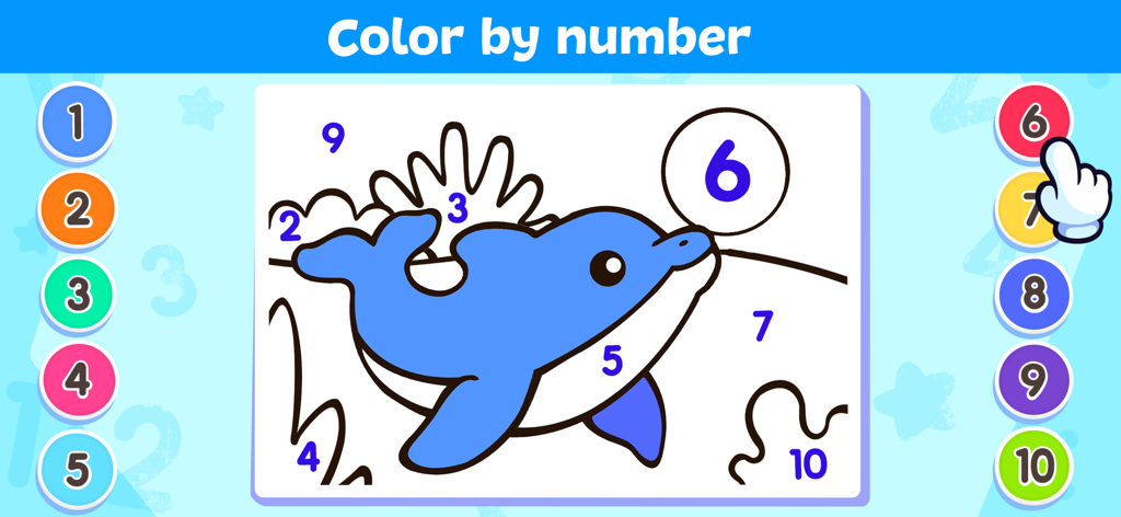 Coloring Games for Kids 2-5 - Preschool color by number activity with a dolphin illustration and numbered color circles