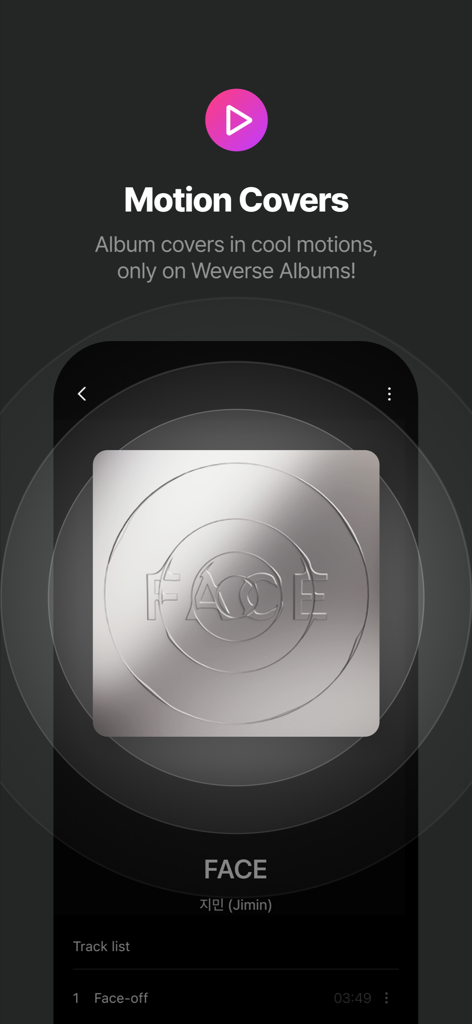 Weverse Albums interface displaying a motion cover for Jimin album FACE