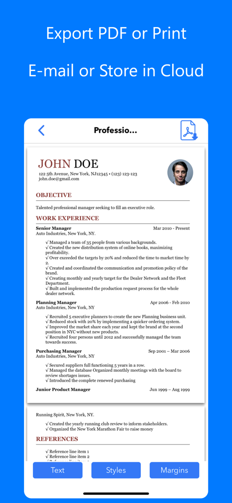 Resume Builder⁺ - プロフェッショナルな履歴書のプレビューと、PDF書き出し、印刷、メールやクラウドストレージでの共有オプションが表示されたモバイル画面