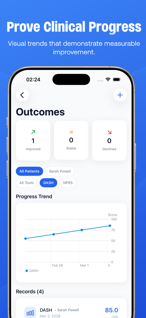 PhysioPocket: PT SOAP AI - PhysioPocket app screen showing a patient progress trend chart for clinical outcome scales.