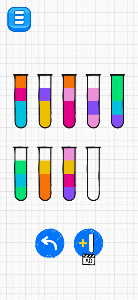 Pastimes - 30 Mini Games - A water sort puzzle game screen showing colorful liquids in test tubes on a grid background