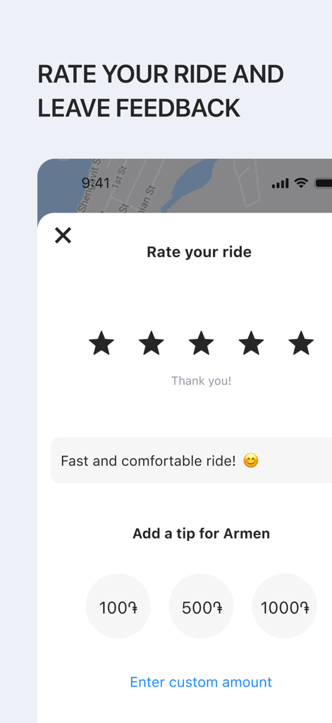 Rating and feedback screen in the gg transportation service app